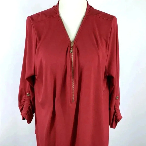 Zenana Outfitters Tops - Women's Red Tunic Top Zenana Outfitters 3X Gold 1/3 Zip Popover Ruched Stretchy